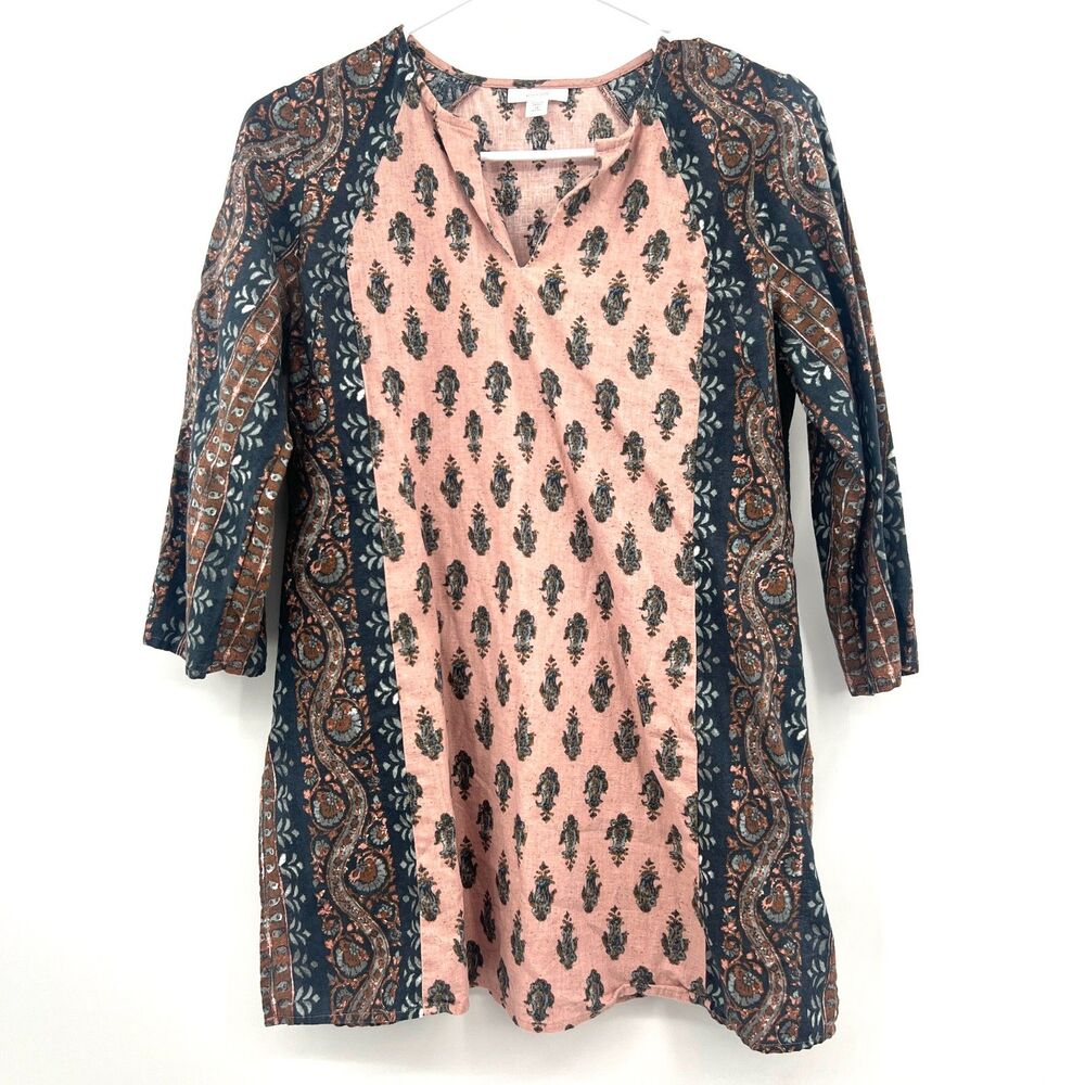 Pure Jill Boho Tunic Top XS Petite Pink Navy Paisley Cotton Linen 3/4 Sleeve